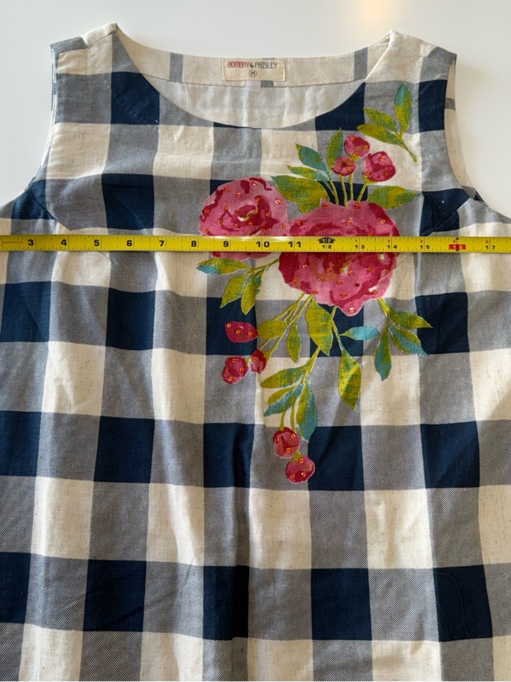 Navy and Cream Gingham Maxi Dress with Pink Floral Detail Size Medium NWOT - Picture 5 of 9